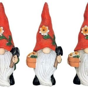 Cement Garden Gnome Figurine Holding Flowerpot & Shovel 9" Outdoor Sculpture